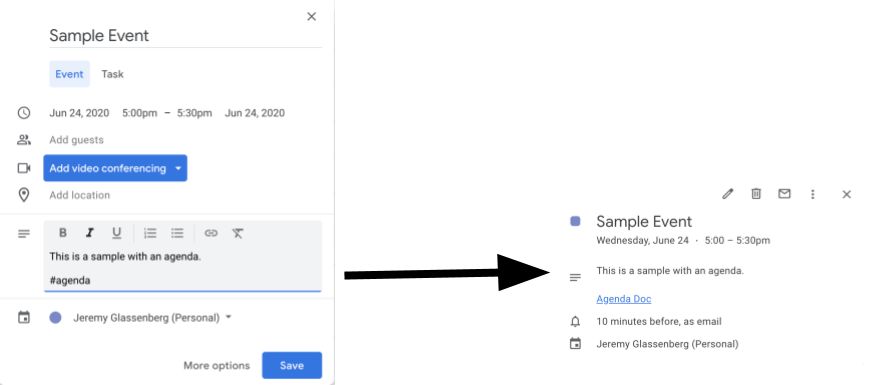 Agenda document attached to a Google Calendar event