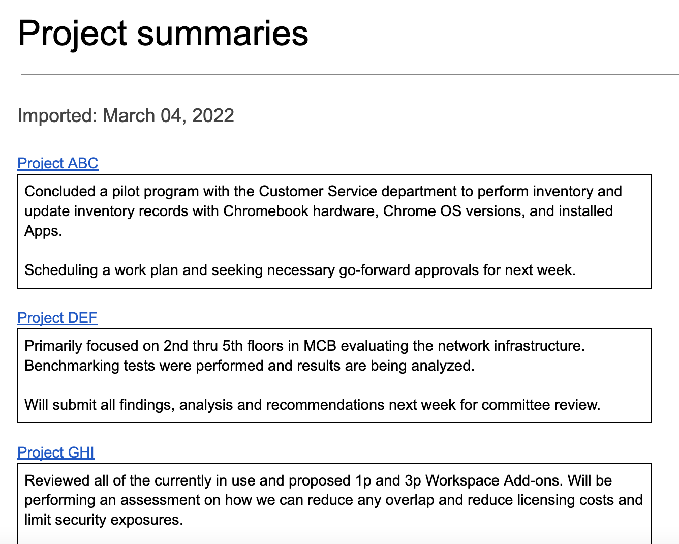 Example of aggregated project status reports within a Google Doc.