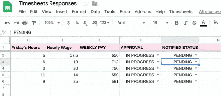 Google Sheet showing timesheet form responses.