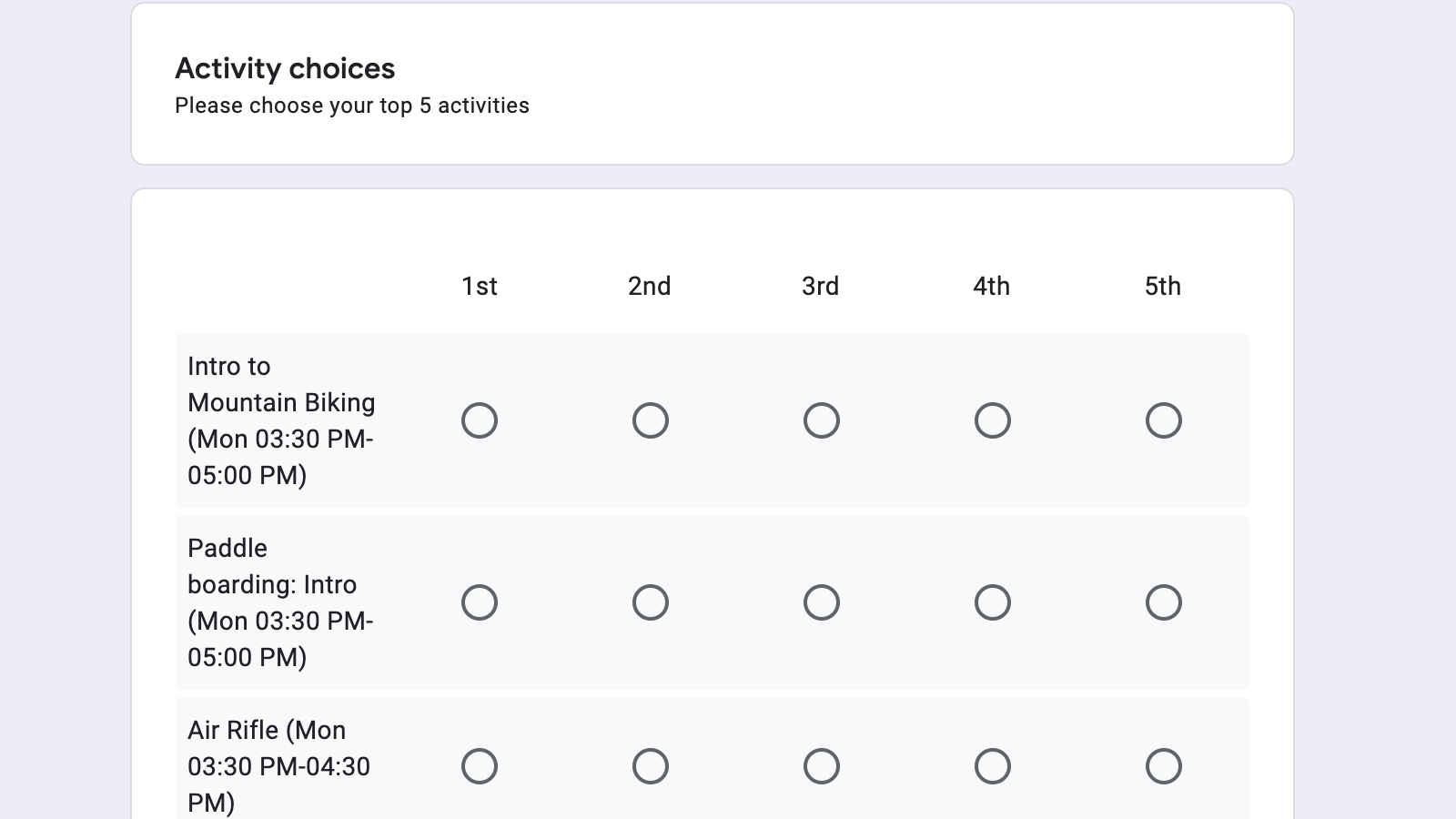 Google Form for employees to sign up for offsite activities
