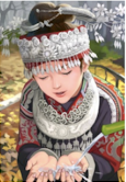 A painting of a girl wearing an
elaborate headdress. The headband of the headdress is knit in a complex
pattern.