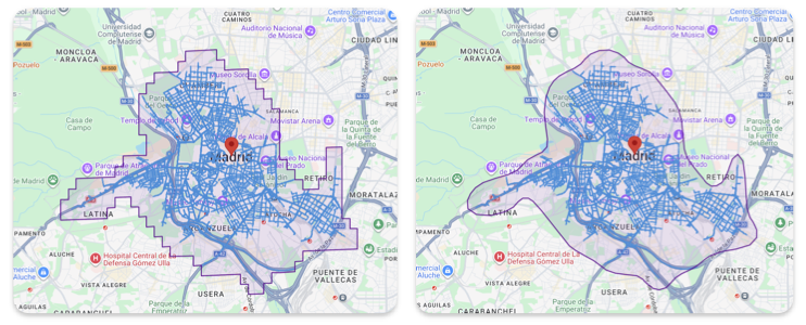 Isochrone with smoothing and without