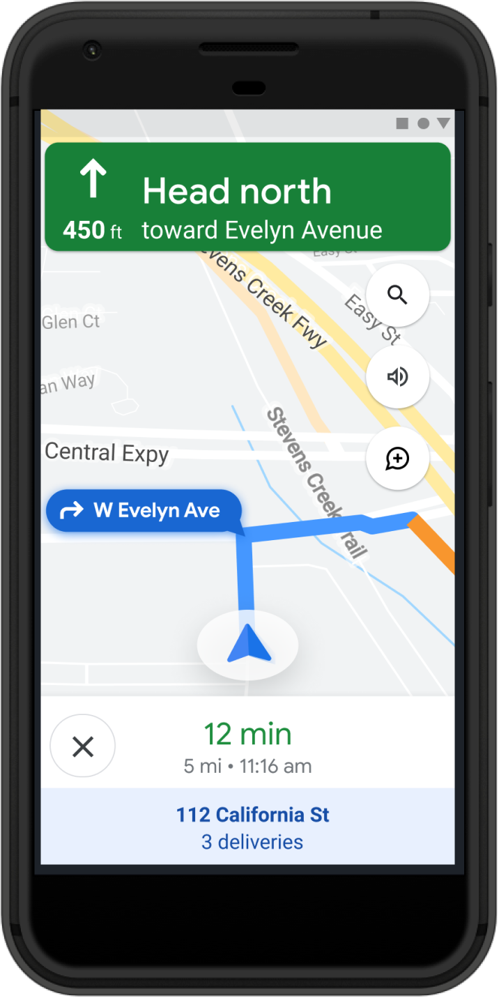 A
phone displaying Google Maps on active routing