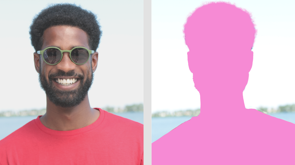 Side-by-side examples of a close-up photograph of a man next to the image mask outlining the shape of the man