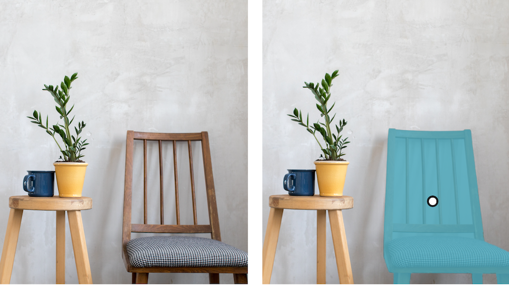 Side by side images that show a photograph of a chair in one image and then the same image with the chair highlighted to indicate that the model has detected the chair