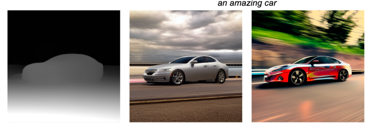 Example output of two generated images that use a provided condition image showing a general shape of a car to show that the Depth plugin can create images that add depth to a flat image
