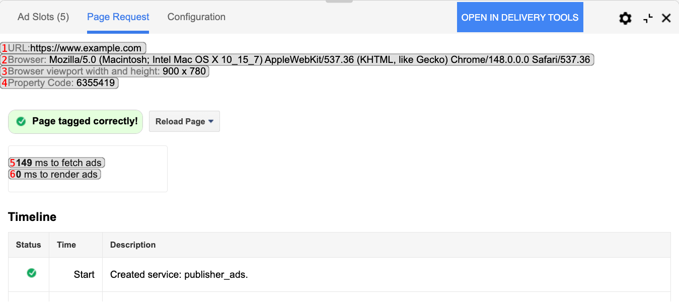Publisher console page request tab screenshot