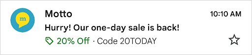 A promotional email that previews a deal badge for 20% off and
          the promo code 20TODAY.